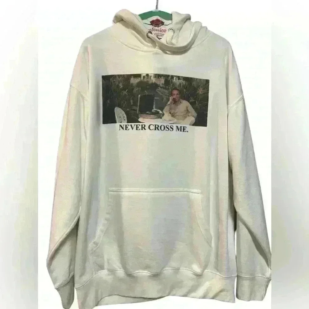 💟 White Oversized “Never Cross Me Hoodie”, EUC, Size Large - Picture 1 of 4